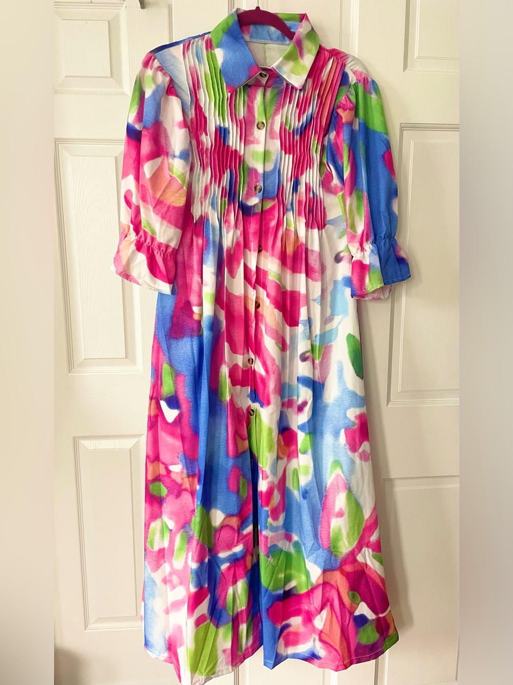 Colorful Watercolor Print Button-Front Maxi Dress